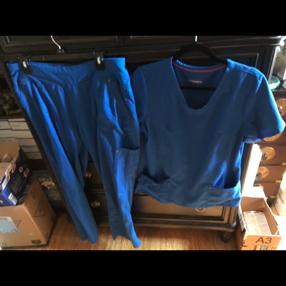 Purple Label Yoga Royal Blue Scrub Top and Bottom